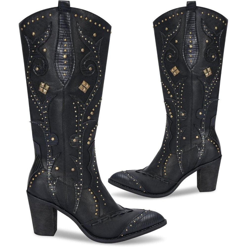 Women’s Leather Pointed Toe Chunky Heel Embroidered Mid Calf Design Black Boot - Picture 1 of 5